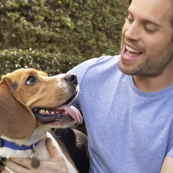 man looking at dog