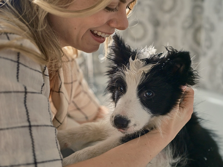 woman giving a puppy a bath