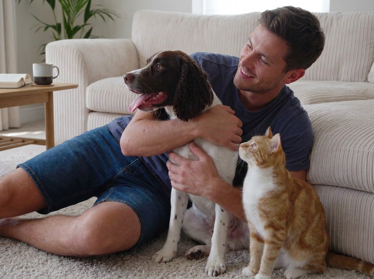 dog and cat with human