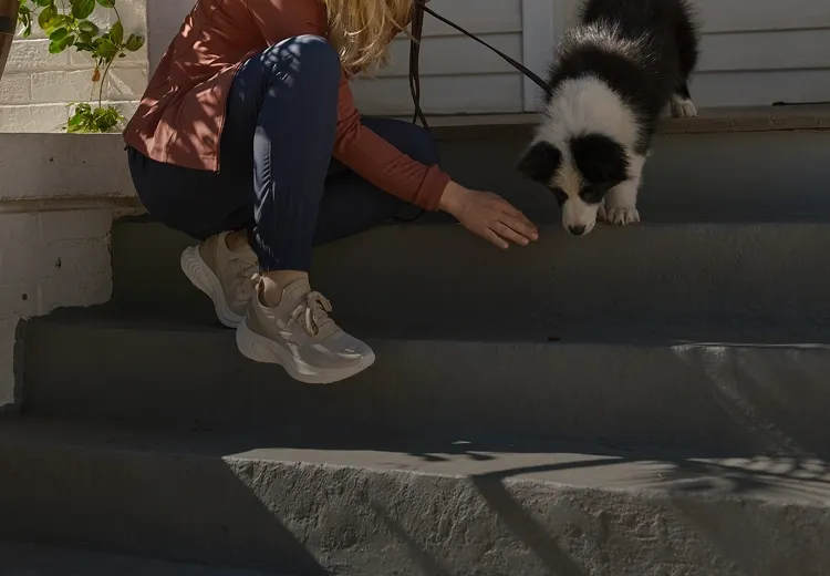 puppy with owner on the front porch